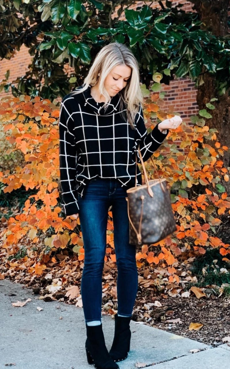 ECOWISH Women Fall Pullover Sweater Turtleneck Plaid Long Sleeve Loose Casual Chunky Checked Knit Winter Sweaters Jumper Tops 014black M - Image 2